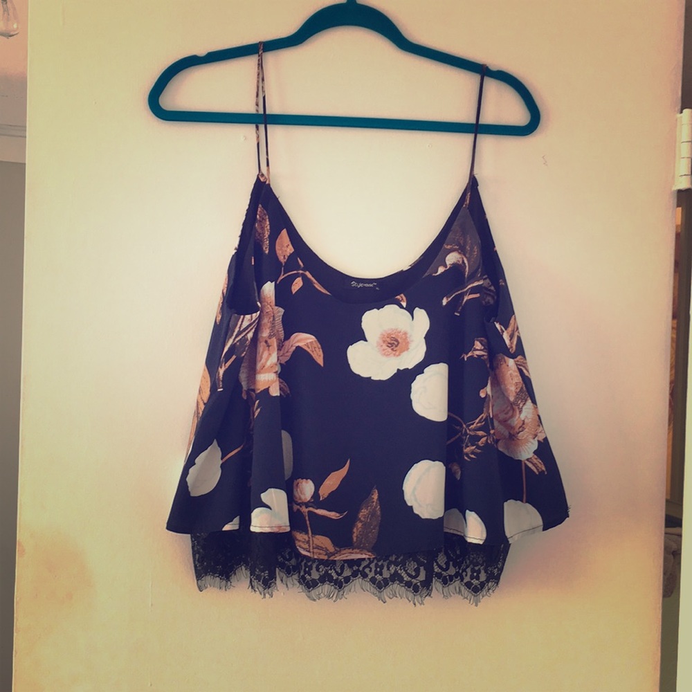 Navy Chiffon and Lace Spaghetti-Strap Blouse - XL